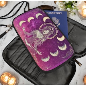 Carteira Deusa da Lua Roxa com Fases Lunares, Bolsa com Zíper de Bruxa Celestial, Carteira Boho Galaxy para Mulheres, Bolsa de Presente Pagã Espiritual