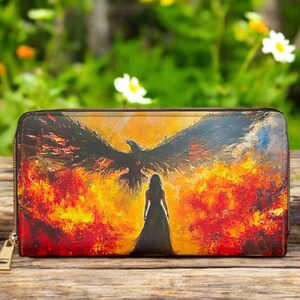 Cartera con cremallera, bolso pequeño de guerrero caído, cartera de viaje de mitología celta, tarjetero de artes oscuras paganas, bolso de viaje de brujas de almas, fénix