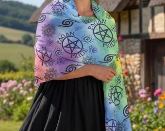 Pagan Pride Scarf, Rainbow Tie Dye Pentacle Wrap Shawl, Queer Witch Occult Gift, Wiccan LGBTQ Witchcraft Fringe Scarf