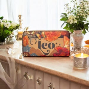 Leo Zodiac Horoscope Wallet, Astrology Cosmic Radiant Purse, Celestial Leo Sign Clutch, Birthday Gift for Leo Women, Boho Star Wallet