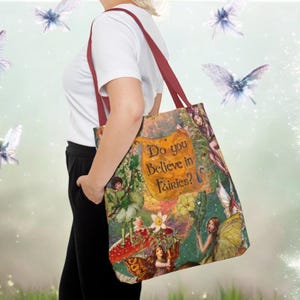 Fairycore Cottagecore Tote Bag With Whimsical Forest Fairies, Mushrooms, Nature Art | Boho Fantasy Aesthetic Gift Bag For Her