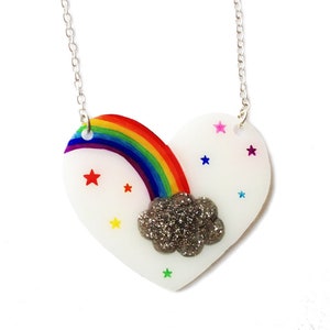 Rainbow Heart Necklace Colourful Rainbow Stars and Grey Glitter Cloud Valentine's Love, Pride, Freedom, Cute, Kitsch image 1