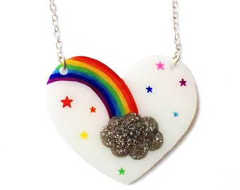 Rainbow Heart Necklace - Colourful Rainbow Stars and Grey Glitter Cloud - Valentine's - Love, Pride, Freedom, Cute, Kitsch