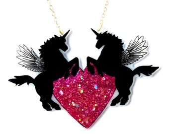 Unicorn Pegasus Necklace & Bright Pink Glittery Rainbow Heart - Pretty Holographic Pink Sparkle - Winged Horse / UniPeg / PegaCorn / Alicorn