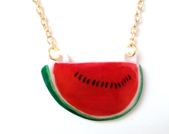 Watermelon Fruit Necklace - Pendant, Melon Slice, Juicy, Tropical, Red, Green