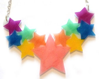 Star Cluster Necklace - Pastel Rainbow Stars - Pale Pink, Peach, Lemon, Mint, Blue, Lilac