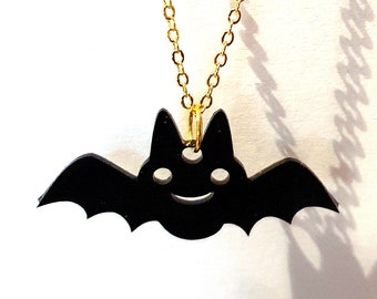 Black Baby Bat Necklace - Halloween, Goth, Emo, Spooky, Cute Little Pendant