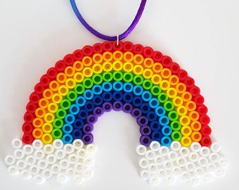 Rainbow Pixel Bead Hanging Decoration - Flat Perler Hama Bead Colourful Rainbow and Clouds - Pride Decoration, NHS