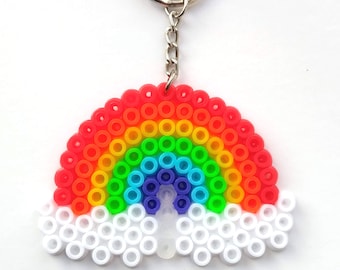 Rainbow Pixel Bead Keyring - Flat Perler Hama Bead Colourful Rainbow and Clouds - Pride Decoration, NHS