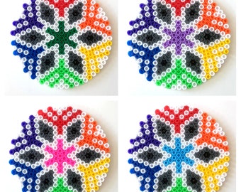 Rainbow Kaleidoscope Pixel Bead Coaster - Set of 4 - Flat Perler Hama Bead Colourful Pride Floral Decoration