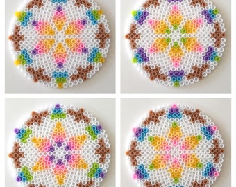 Rainbow Kaleidoscope Pixel Bead Coaster - Set of 4 - Flat Perler Hama Bead Colourful Pride Floral Decoration