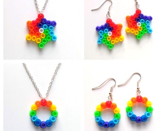 Rainbow Kaleidoscope Earrings / Necklace - Circle or Star - Flat Perler Hama Bead Colourful Pride