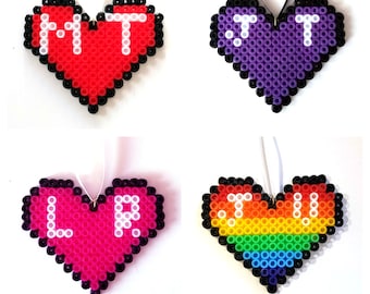 Personalised Initials Heart Pixel Bead Hanging Decoration / Magnet - Flat Perler Hama Bead Colourful Rainbow - Valentines Decoration, Love