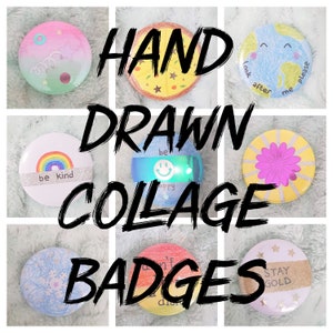 Hand Drawn Collage Badge 44mm Button Pin Badge, Unique Assemblage, Glitter, Confetti, Illustration, Sparkle image 1