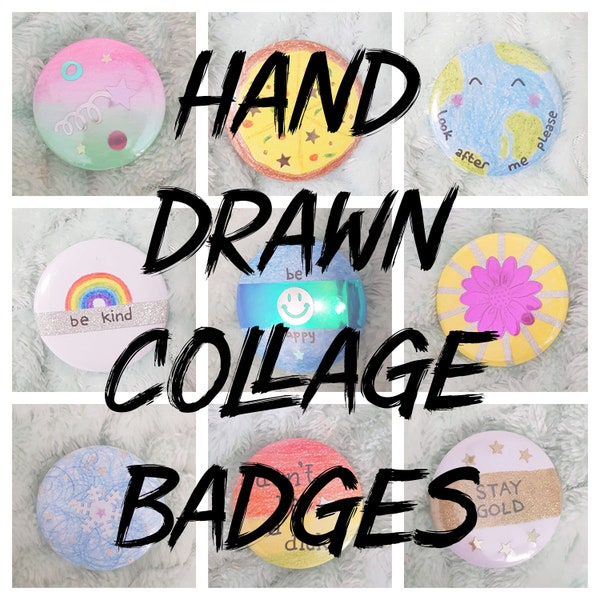 Hand Drawn Collage Badge - 44mm Button Pin Badge, Unique Assemblage, Glitter, Confetti, Illustration, Sparkle