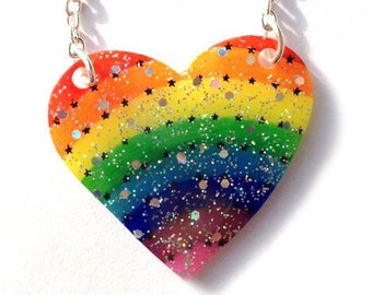 Sparkly Rainbow Heart Necklace - Glitter, Pride, Rainbows, Stars, Cute, Holographic Glitter, Holosexual