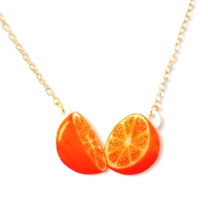 Orange Fruit Necklace - Pendant, Tropical, Juicy, Kitsch, Tangerine, Nectarine, Handmade