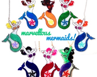 Mermaid Pin-Up Necklace - 8 to choose from - blonde, brunette, ginger, redhead, black, pink alternative, goth, zombie