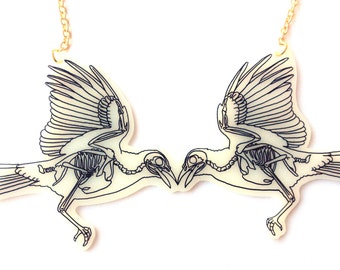 Bird Skeleton Necklace - Halloween, Two Magpies, Crow Wings, Raven Bones, Skeletal, X Ray, Anatomical