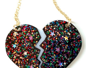 Broken Heart Necklace - Rainbow Glitter and Stars - Black and White Plastic Heart