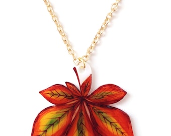 Horse Chestnut Leaf Pendant Necklace - Fall / Autumn Leaves, Sycamore Tree, Autumnal Woodland Colours - Green, Brown