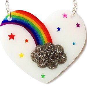 Rainbow Heart Necklace Colourful Rainbow Stars and Grey Glitter Cloud Valentine's Love, Pride, Freedom, Cute, Kitsch image 2