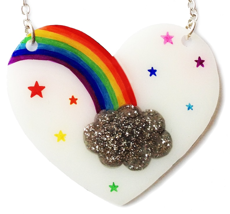 Rainbow Heart Necklace Colourful Rainbow Stars and Grey Glitter Cloud Valentine's Love, Pride, Freedom, Cute, Kitsch image 2