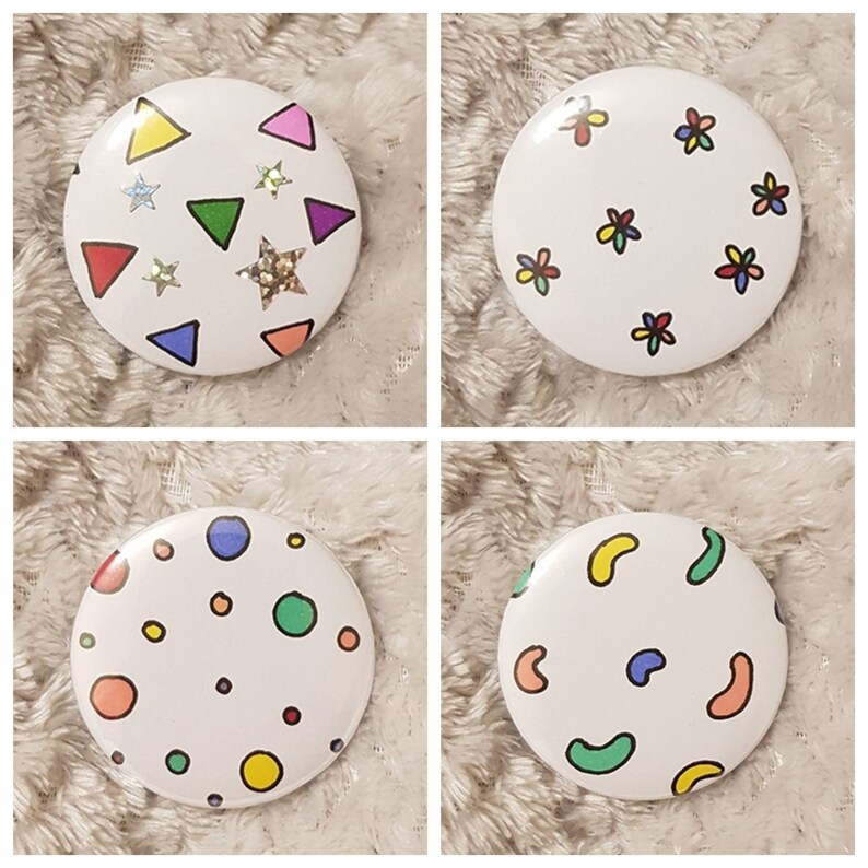Hand Drawn Collage Badge 44mm Button Pin Badge, Unique Assemblage, Glitter, Confetti, Illustration, Sparkle image 5