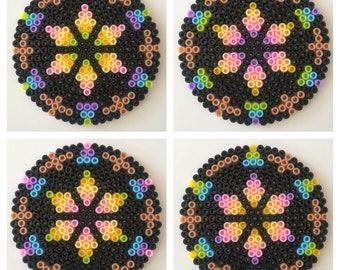 Rainbow Kaleidoscope Pixel Bead Coaster - Set of 4 - Flat Perler Hama Bead Colourful Pride Floral Decoration