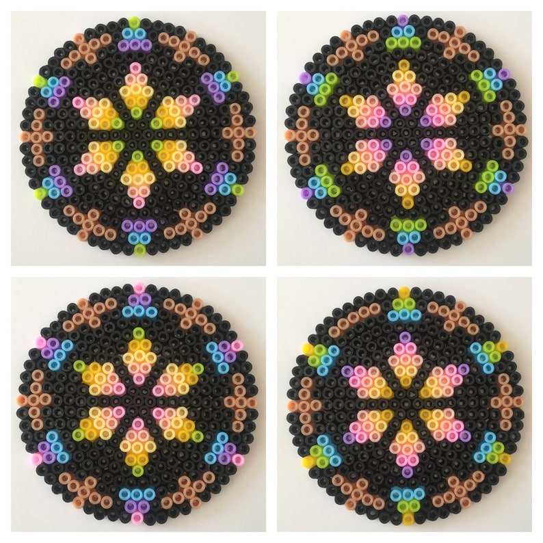 Rainbow Kaleidoscope Pixel Bead Coaster Set of 4 Flat Perler Hama Bead Colourful Pride Floral Decoration image 1