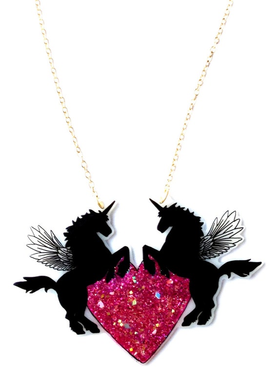 Unicorn Pegasus Necklace & Bright Pink Glittery Rainbow Heart - Pretty Holographic Pink Sparkle - Winged Horse / UniPeg / PegaCorn / Alicorn
