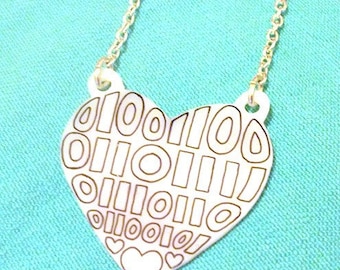 LOVE in Binary - Binary Code Heart Necklace - Valentine's, Geek, Love, PC, Computer, Nerd
