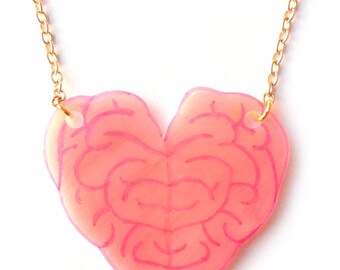 Brain Heart Necklace - Pink Brains, Undead, Anatomical, Zombie, Love, Spooky, Halloween
