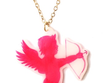 Pink Cupid Necklace - Valentine's - Pink Cupid Cherub Angel with Bow and Arrow - Bright Pink, Hot Pink - Love, Cute, Kitsch