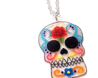 Mexican Sugar Skull Necklace - Day Of The Dead, Halloween, Dia de los Muertos, Spooky, Colourful, Kitsch, Cute, Floral, Rainbow