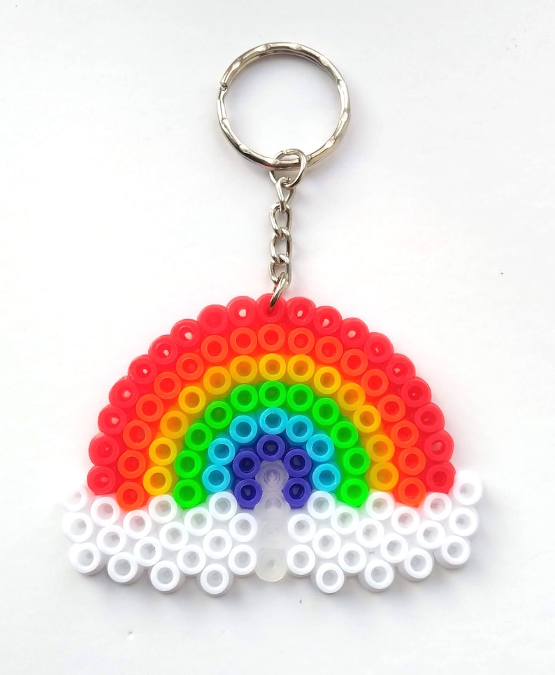 Rainbow Pixel Bead Keyring Flat Perler Hama Bead Colourful Rainbow and Clouds Pride Decoration, NHS image 1