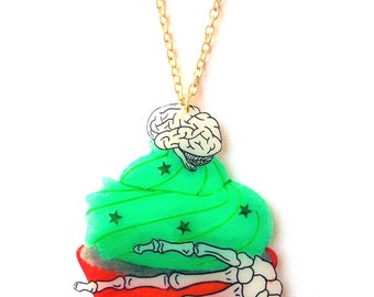 Zombie Cupcake Necklace - Halloween, Brain, Undead, Green Frosting, Red Bloody Cake, Skeleton Hand, Spooky, Goth, Emo