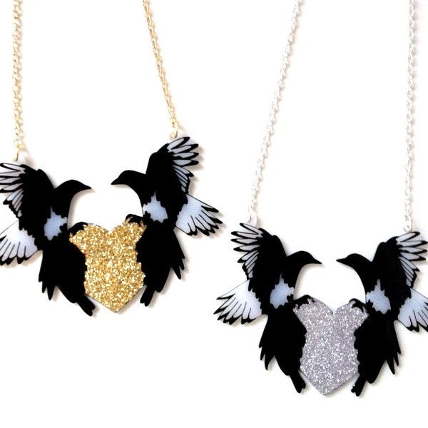 Black and White Magpies with Silver or Gold Glittery Heart - "One For Sorrow, Two For Joy" necklace - large statement jewellery