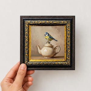 Fågel på tekanna oljemålning, original liten canvas väggkonst handmålad konstverk