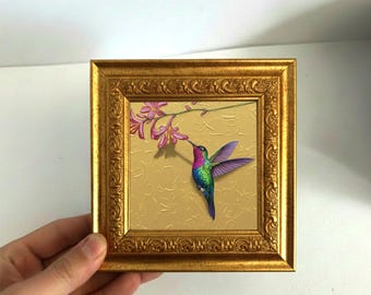 Handgemaltes Kolibri Ölgemälde, Mini gerahmte Vogel Wandkunst, kleine Original Kunst auf Leinwand