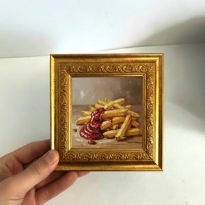 Handmålade mini-pommes frites i original oljemålning inramad, matillustration väggdekor