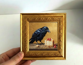 Original Hand Painted Raven Cake Mini Framed Oil Painting, Small Bird Canvas Wall Decor