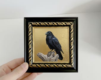 オリジナルのブラックレイヴン油絵、ミニフレームの鳥のアート、小さなキャンバスウォールアート