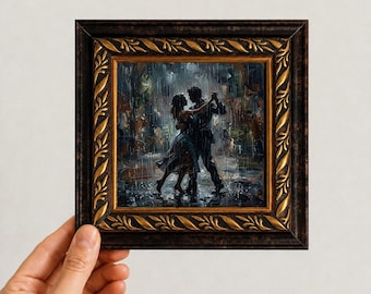 Couple Dancing in Rain Oil Painting, Original Small Canvas Wall Art Hand Painted Artwork