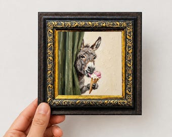 Dipinto ad olio "Asino che sbircia", mini tela originale dipinta a mano.