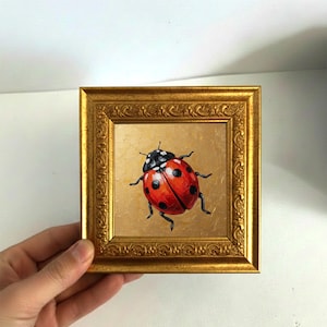 Handgemaltes Mini-Marienkäfer-Gemälde Originale Ölkunst Kleine Eingerahmte Glückswanddekor