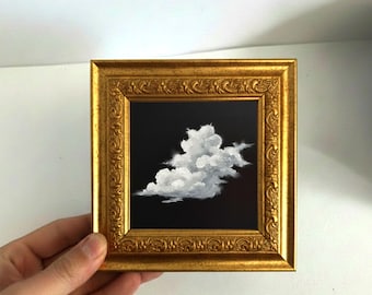 Original Hand-Painted Cloud Oil Painting, Mini Framed Canvas Wall Art, Moody Minimal Decor