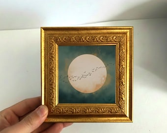Moon Oil Painting with Birds, Original Night Sky Wall Art, Small Framed Canvas Artwork