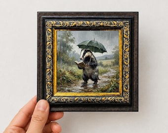 Badger Reading Under Umbrella Oil Painting, Original Mini Canvas Wall Art Hand Painted Artwork