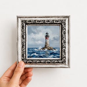 Lighthouse by the Sea Oil Painting, Original Small Canvas Wall Art Hand Painted Artwork